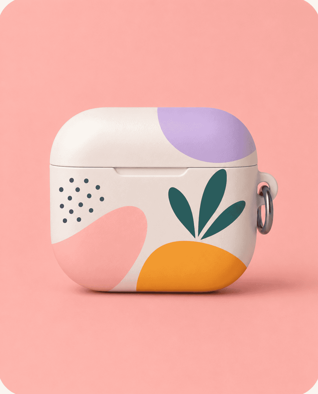 Earbud case printed with a modern abstract pattern on a pink background.