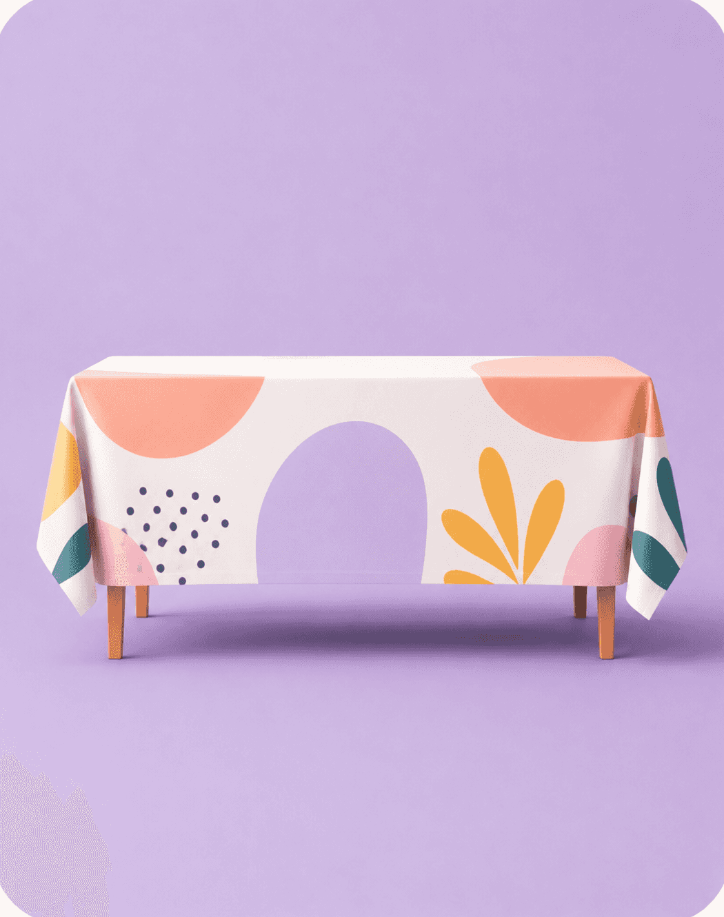 Table cover printed with a modern abstract pattern on a lavender background.