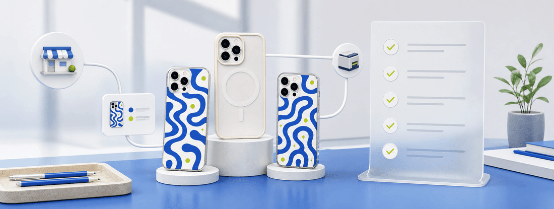 Phone case print-on-demand business launch workspace with custom products