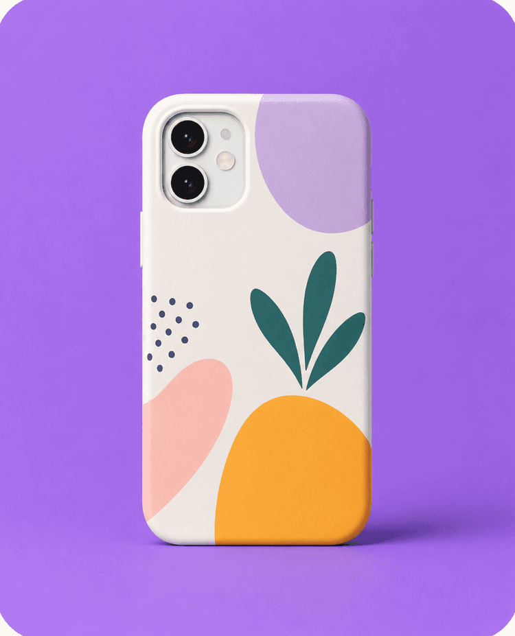 Phone case printed with a modern abstract pattern on a purple background.