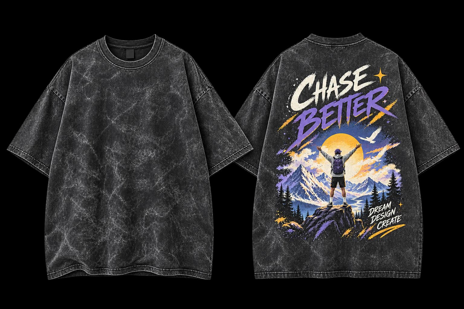 Front and back views of a custom print-on-demand T-shirt for a Temu store