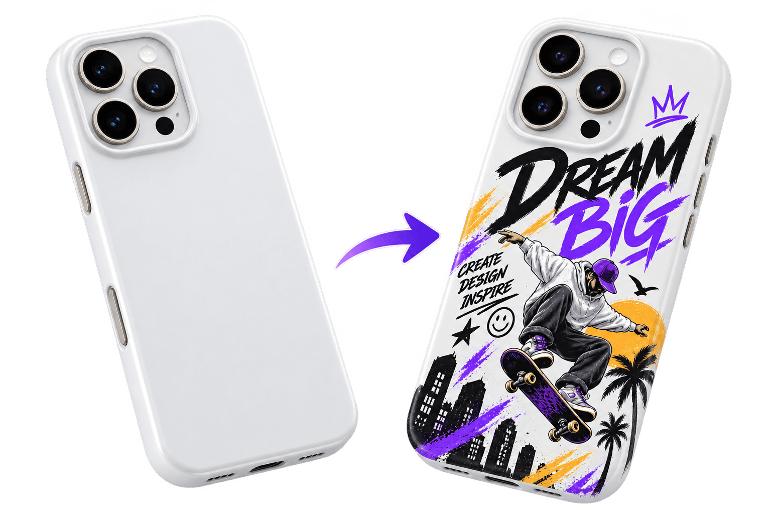 A blank phone case becoming a finished custom phone case for a WooCommerce store
