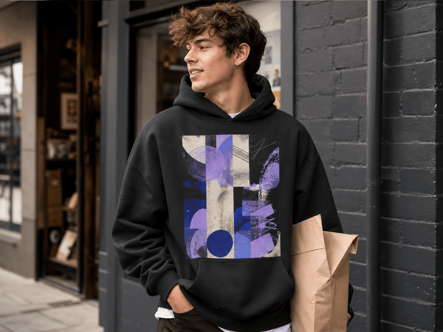 Customer wearing a custom printed hoodie