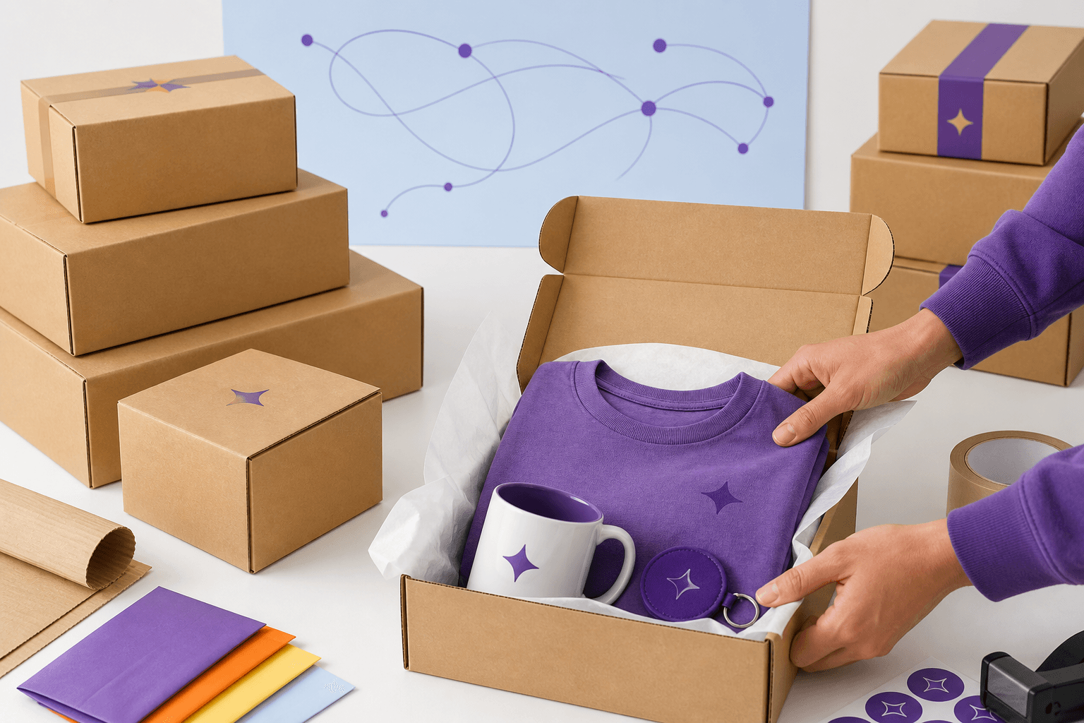 A coordinated branded merchandise order being packed into shipping boxes