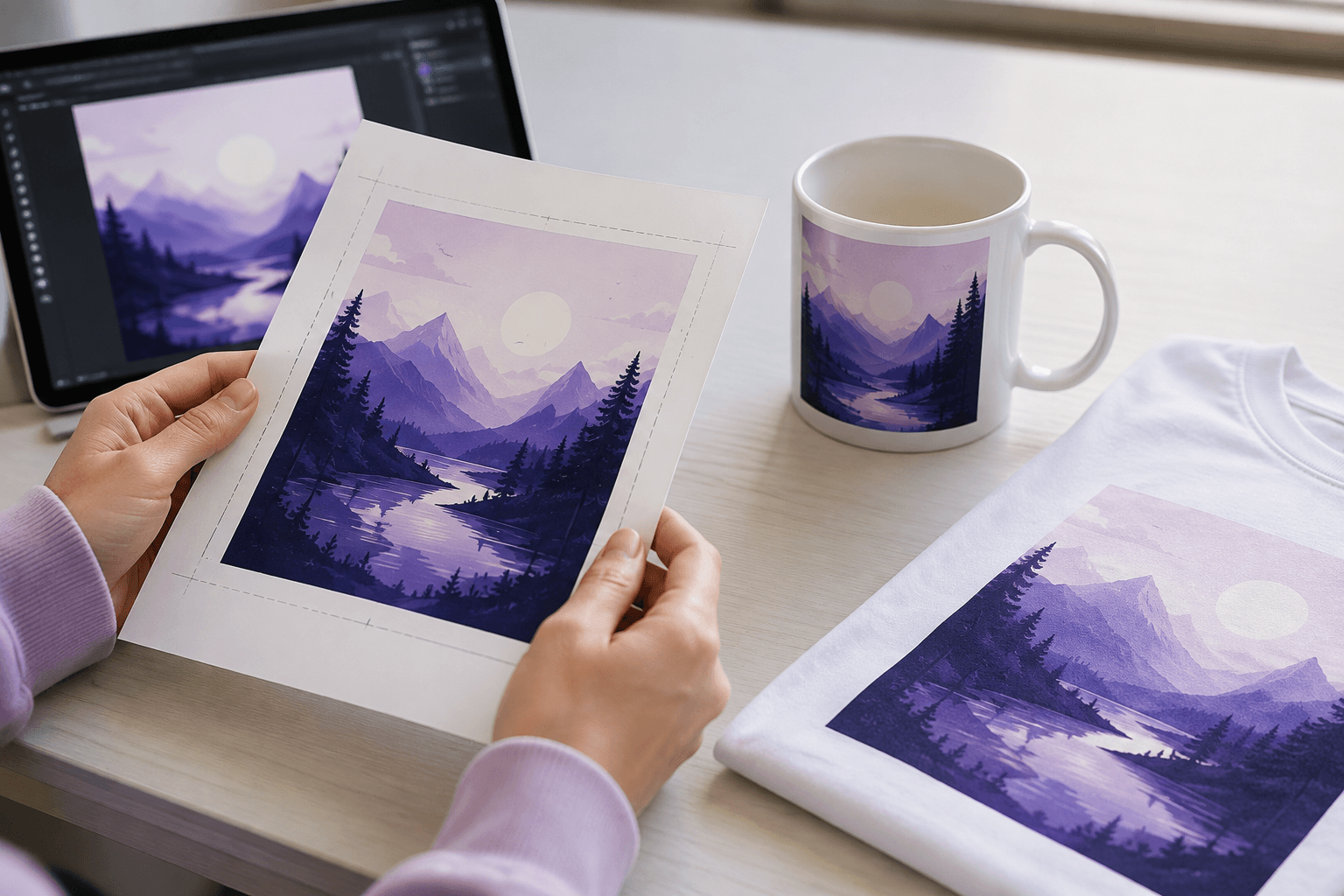 Artwork printed on sample products during print-on-demand planning