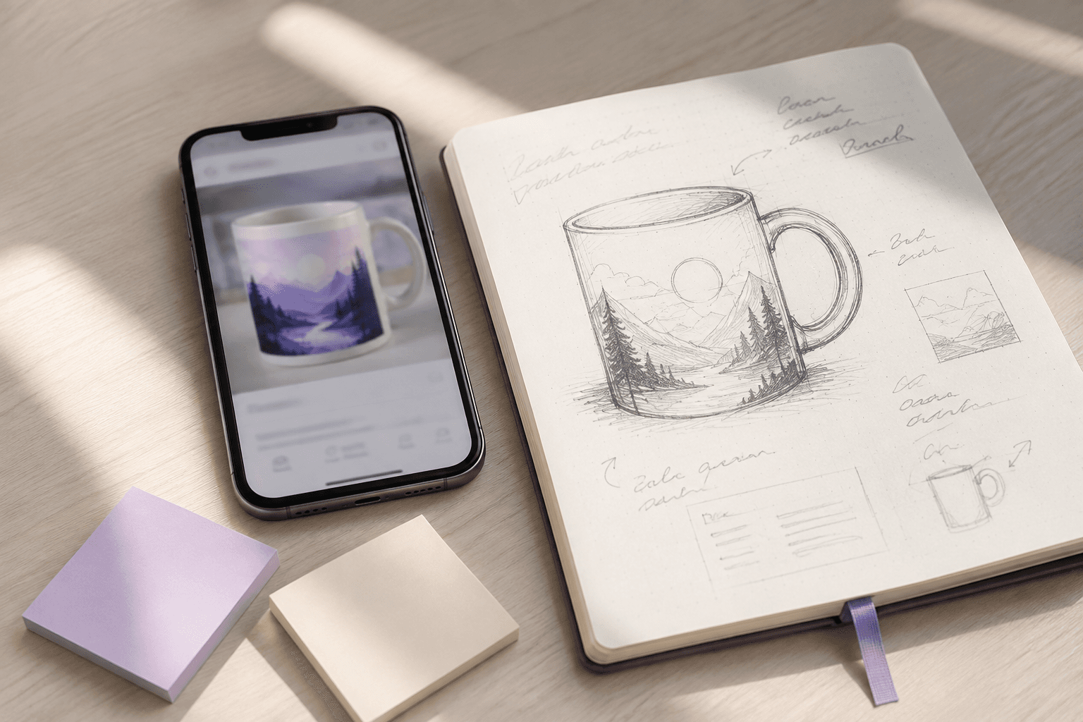 Notebook sketch for a custom mug product idea